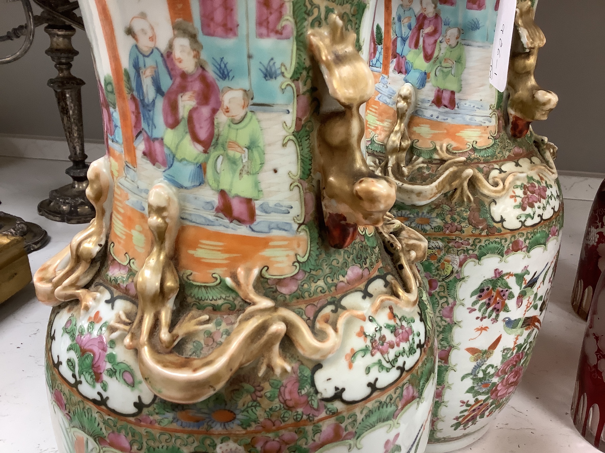 A pair of 19th century Chinese famille rose vases, height 36cm